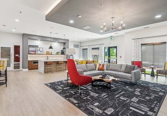 a living room with a couch and a table