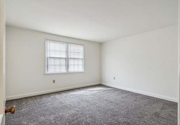 a bedroom with white walls and carpet and a window