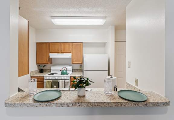 A kitchen with a granite countertop and a white fridge.