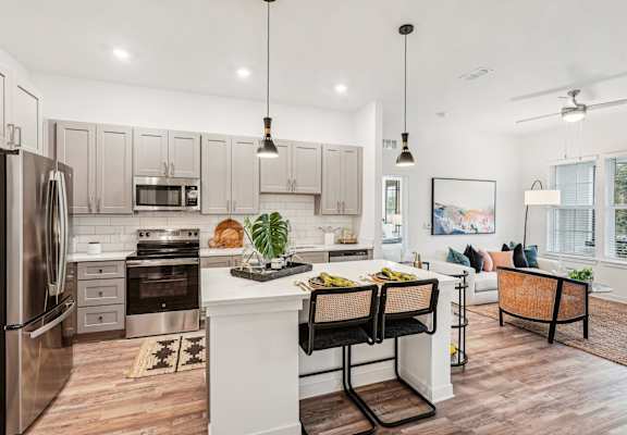 kitchen with custom cabinets, stainless steel appliances, and plank flooring at Tapestry University Park in Sarasota, FL