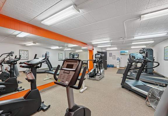 A gym with treadmills and exercise bikes.