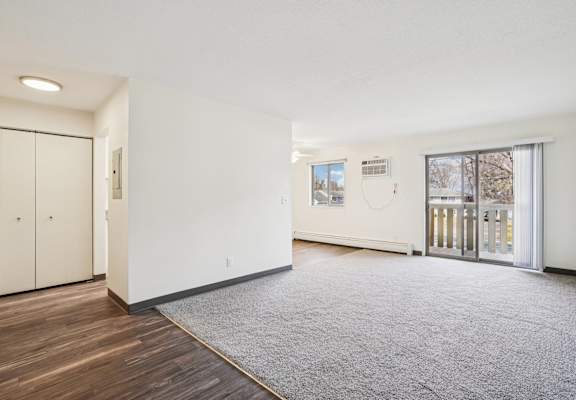 A room with a grey carpet and a white wall with a window.