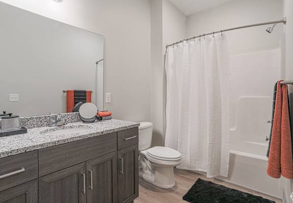 A bathroom with a toilet, sink, and shower.