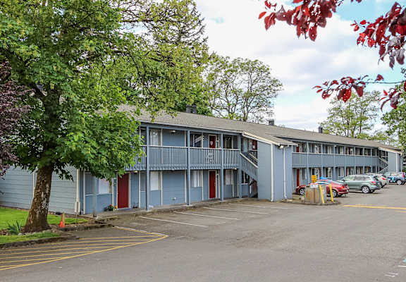 A parking lot in front of a blue building with trees and leaves.
