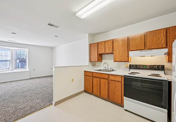A kitchen with white appliances and wooden cabinets.