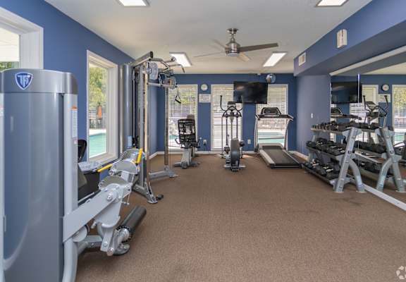 a gym with weights and cardio machines and a tv
