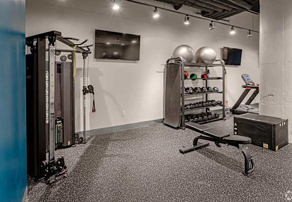 A gym with a weight rack, a bench, and a row of dumbbells.