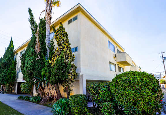 A house with a yellow roof and a green bush in front.