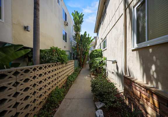 A narrow pathway between two buildings with a fence on the left.