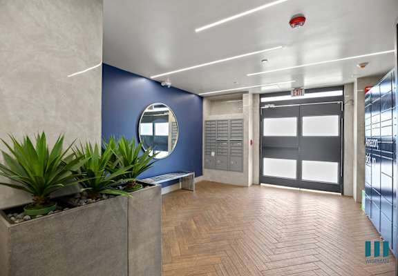 a hallway with a blue wall and a door and a plant