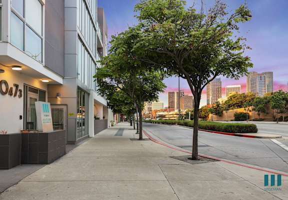 A tree stands on a sidewalk in front of a building with the number 10473 on it.