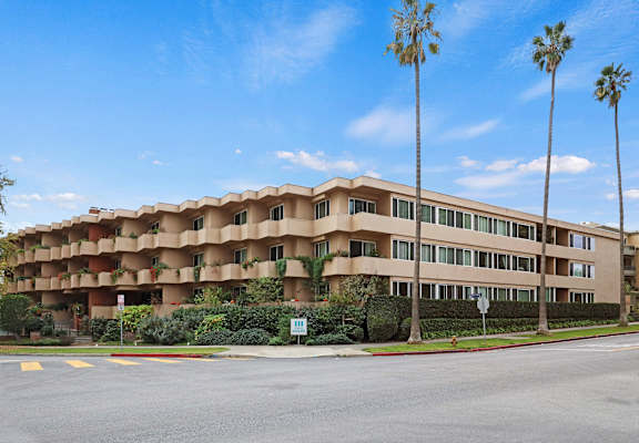 a large hotel building with palm trees in front of it