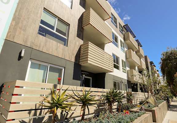 a row of apartment buildings with stairs and plants in front of them