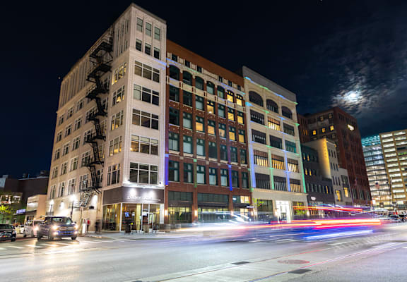 Exterior In Night at The Ferguson Downtown Detroit Apartments, Detroit, MI
