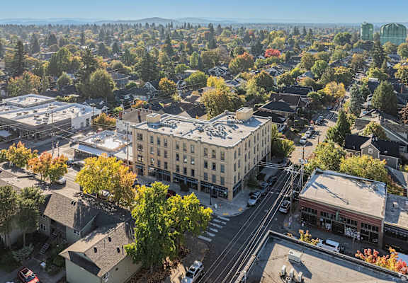A small town with a large building in the center.