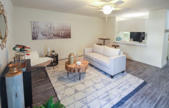Photo of the living room in a 692 square foot 1 bed, 1 bath model aprtment at Cambridge Court Apartments in Dallas Texas