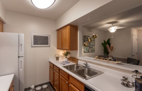 This is a photo of the kitchen in the 822 square foot, 2 bedroom floor plan at Village East Apartments in Franklin, OH.