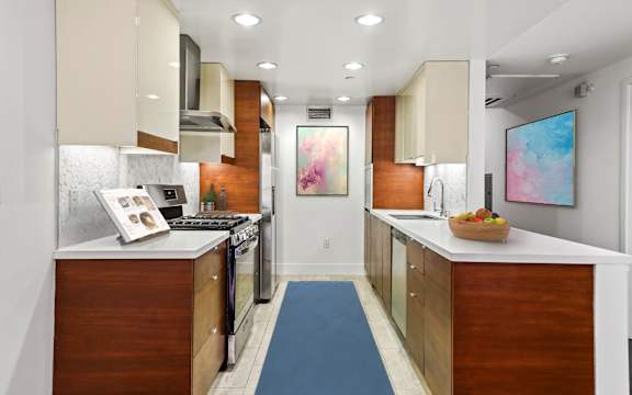 A modern kitchen with a blue rug on the floor.