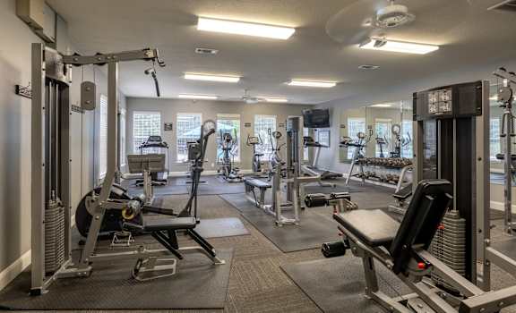 a gym with cardio equipment and weights on the floor and a bed