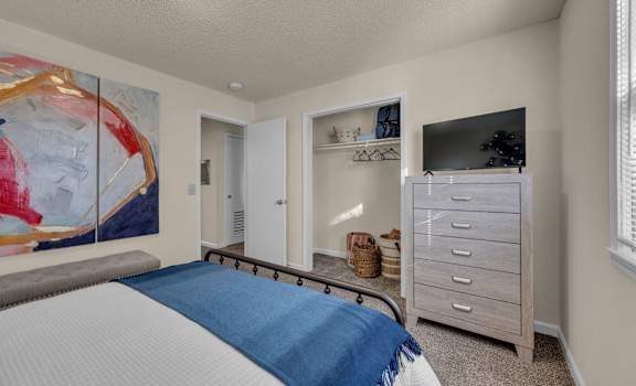 a bedroom with a bed and a dresser