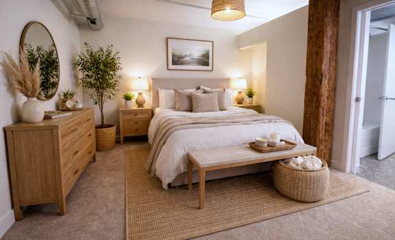 A bedroom with a large bed, a wooden dresser, and a mirror on the wall.