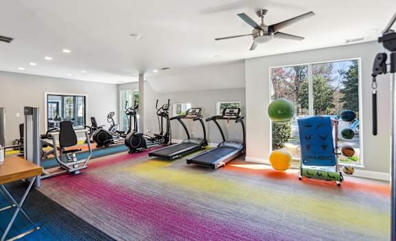 A gym with a variety of equipment including treadmills, weights, and exercise balls.