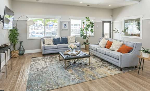 a living room with two couches and a coffee table