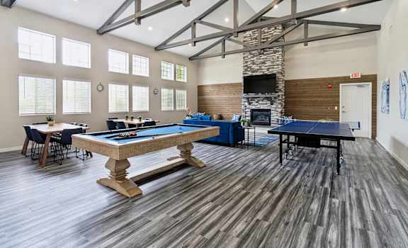 a game room with a pool table and a billiard table