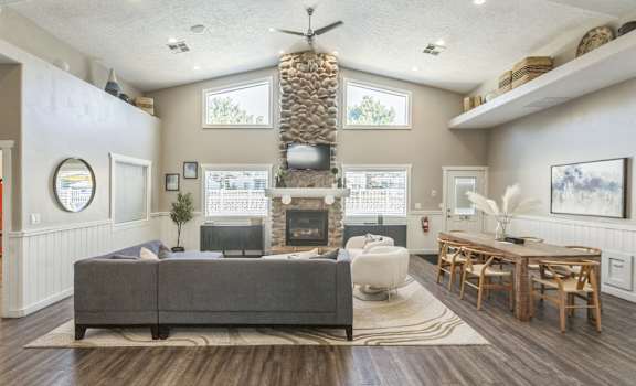 a living room with a fireplace and a couch