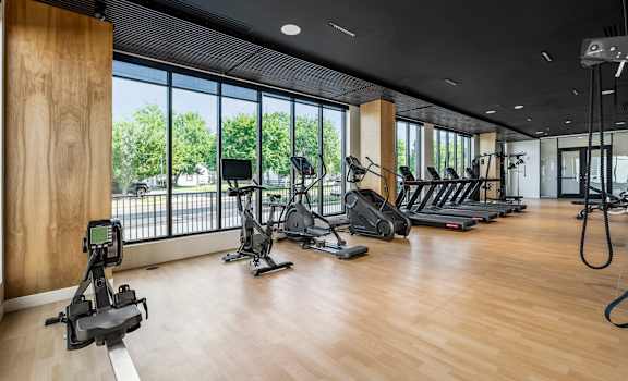 A gym with treadmills, elliptical machines, and other exercise equipment.