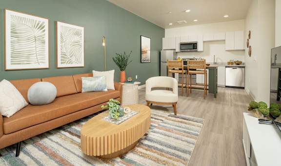 A living room with a brown couch, a coffee table, and a striped rug.