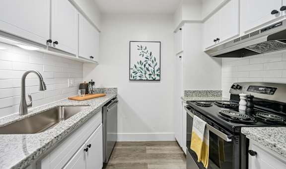 A kitchen with a stove, sink, and cabinets.