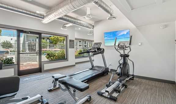 A gym with treadmills, elliptical machines, and a flat screen TV.