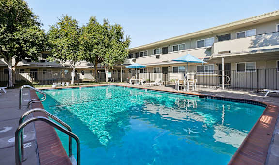 A swimming pool in front of a building with trees and sun loungers.
