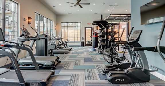 a gym with treadmills and ellipticals