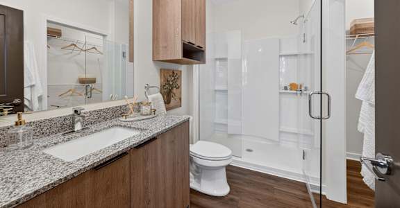 Primary Bathroom at The Landing at Lemay Apartments, Colorado, 80524