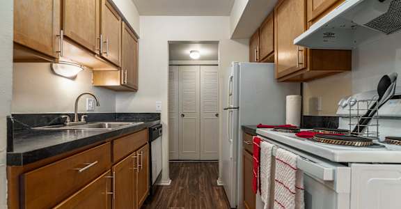 a kitchen with a stove sink and refrigerator and wooden cabinets