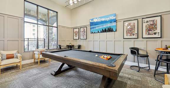 A room with a pool table and a television playing a nature scene.