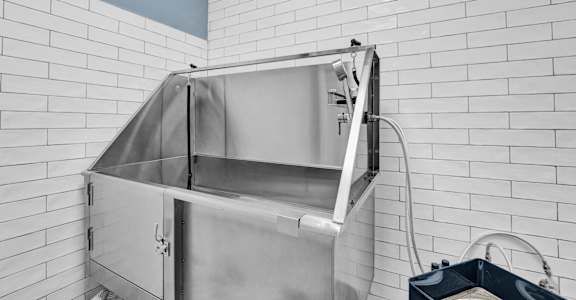 A stainless steel sink in a bathroom with a sign that says "PAW WASH".