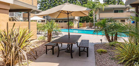 A patio with a table and chairs is surrounded by plants and a pool.