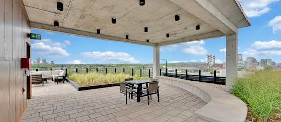 A patio with a table and chairs under a roof.