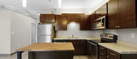 A kitchen with a wooden island and stainless steel appliances.