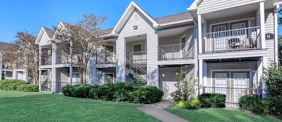 A row of townhouses with a clear blue sky above.