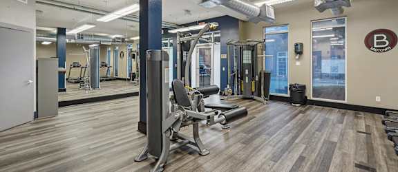 A gym with a variety of equipment including a squat rack, a bench press, and a treadmill.