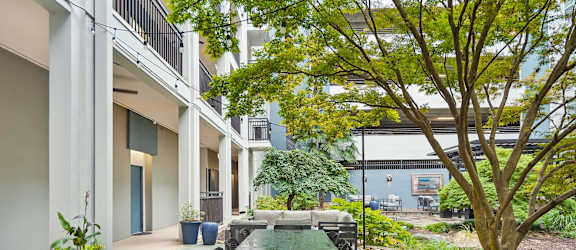 A patio with a table and chairs is surrounded by trees and plants.