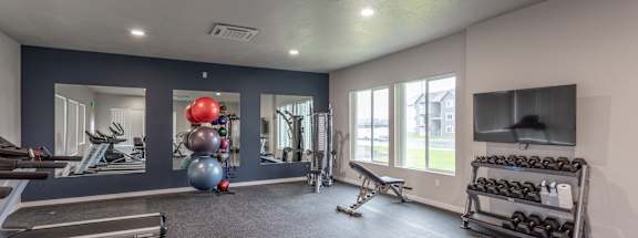 A spacious gym with treadmills, weights, and exercise equipment.