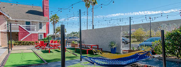 Hammock and a patio outdoor area at Fusion Orlando furnished apartments.