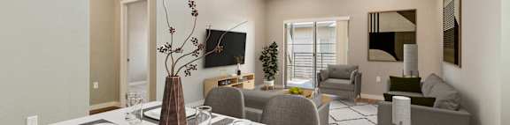 A modern dining room with a table set for two.