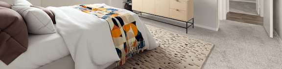 A bedroom with a bed, a TV, and a rug.