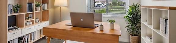A room with a desk, a laptop, a lamp, and a potted plant.